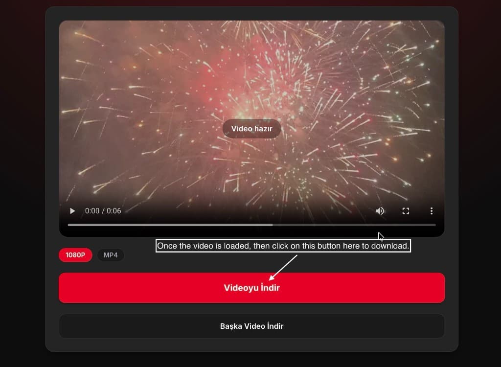 Yüklenen Pinterest videosunun önizlemesi, 1080P MP4 format etiketleri ve Videoyu İndir butonuyla HD kalitede kayıt ekranı